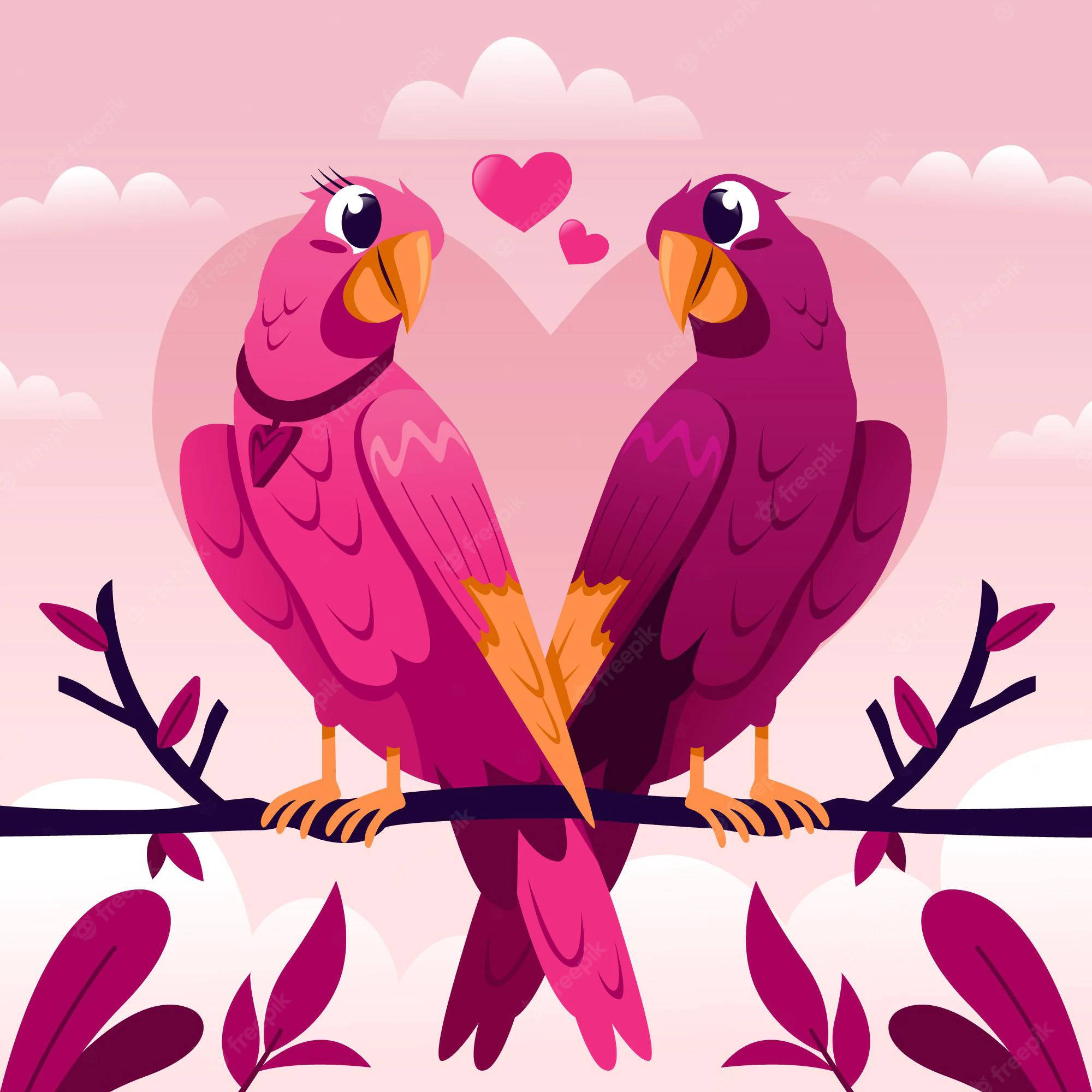birds 桌布 壁紙 — 兩隻充滿活力的粉紅色鸚鵡棲息在樹枝上，面對面，心形在柔和的粉紅色天空中飄浮。