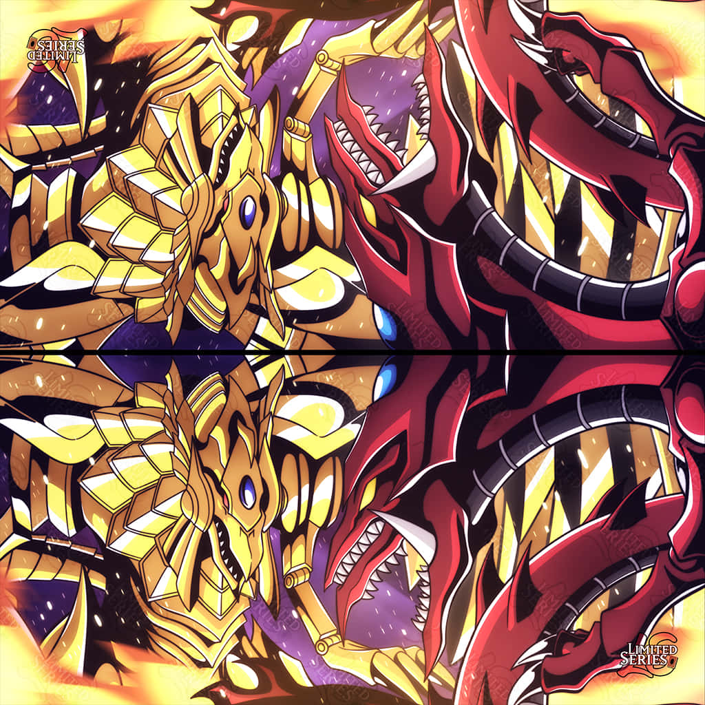 The Winged Dragon Of Ra 桌布 壁紙 — 兩隻兇猛的動漫龍——一隻金色和一隻紅色——在熾熱的戰鬥中碰撞，眼睛發光，牙齒鋒利。