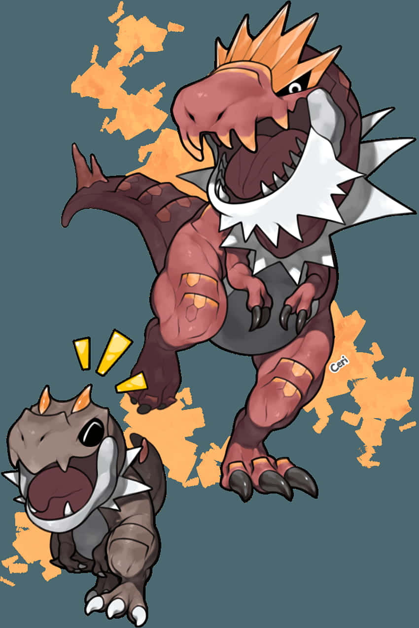 Pokemon Aesthetic 桌布 壁紙 — 兩隻兇猛的卡通恐龍，身披尖刺盔甲，在火熱的橙色和藍綠色背景上咆哮。