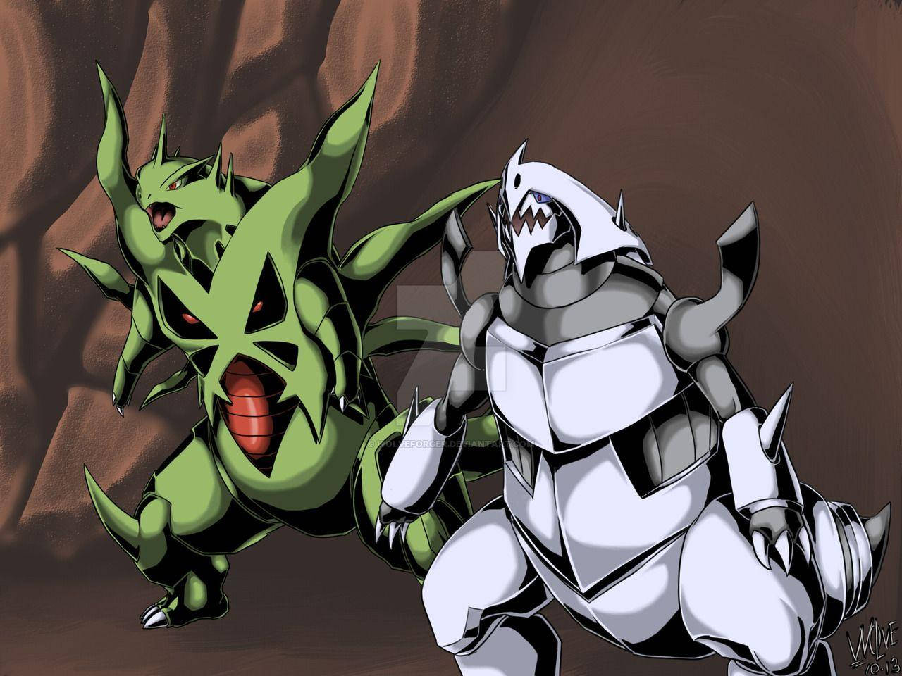 Pokemon Landscape 桌布 壁紙 — 兩隻兇猛的寶可夢，一隻綠色龍形生物和一隻銀色裝甲野獸，準備在岩石背景下戰鬥。