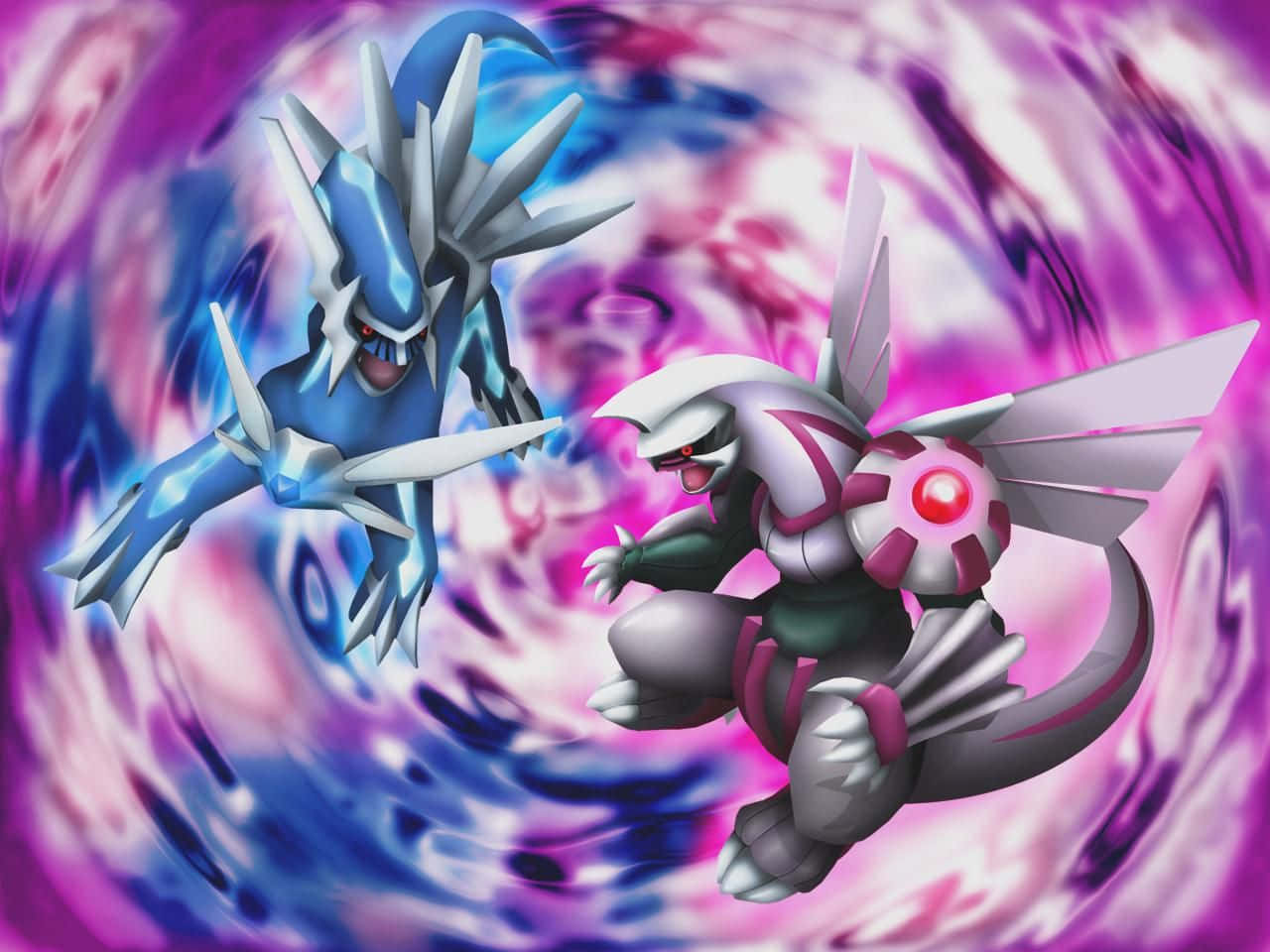Dialga 桌布 壁紙 — 兩隻兇猛的寶可夢在電光藍和洋紅色的旋轉能量漩渦中戰鬥。