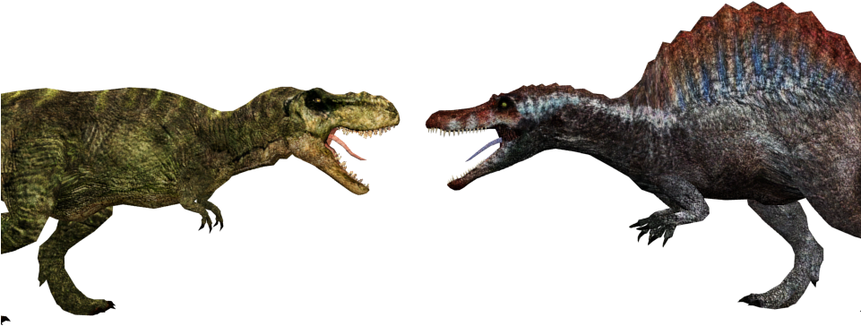 Jurassic World 桌布 壁紙 — 兩隻兇猛的恐龍在黑色背景上對峙：一隻綠色紋理的暴龍和一隻帶刺的藍灰色棘龍。