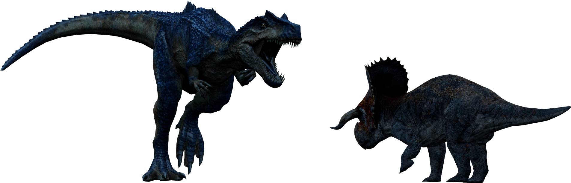 Jurassic World 桌布 壁紙 — 兩隻兇猛的恐龍在黑色背景上對峙，一隻藍色迅猛龍猛撲，而一隻有角恐龍準備就緒。