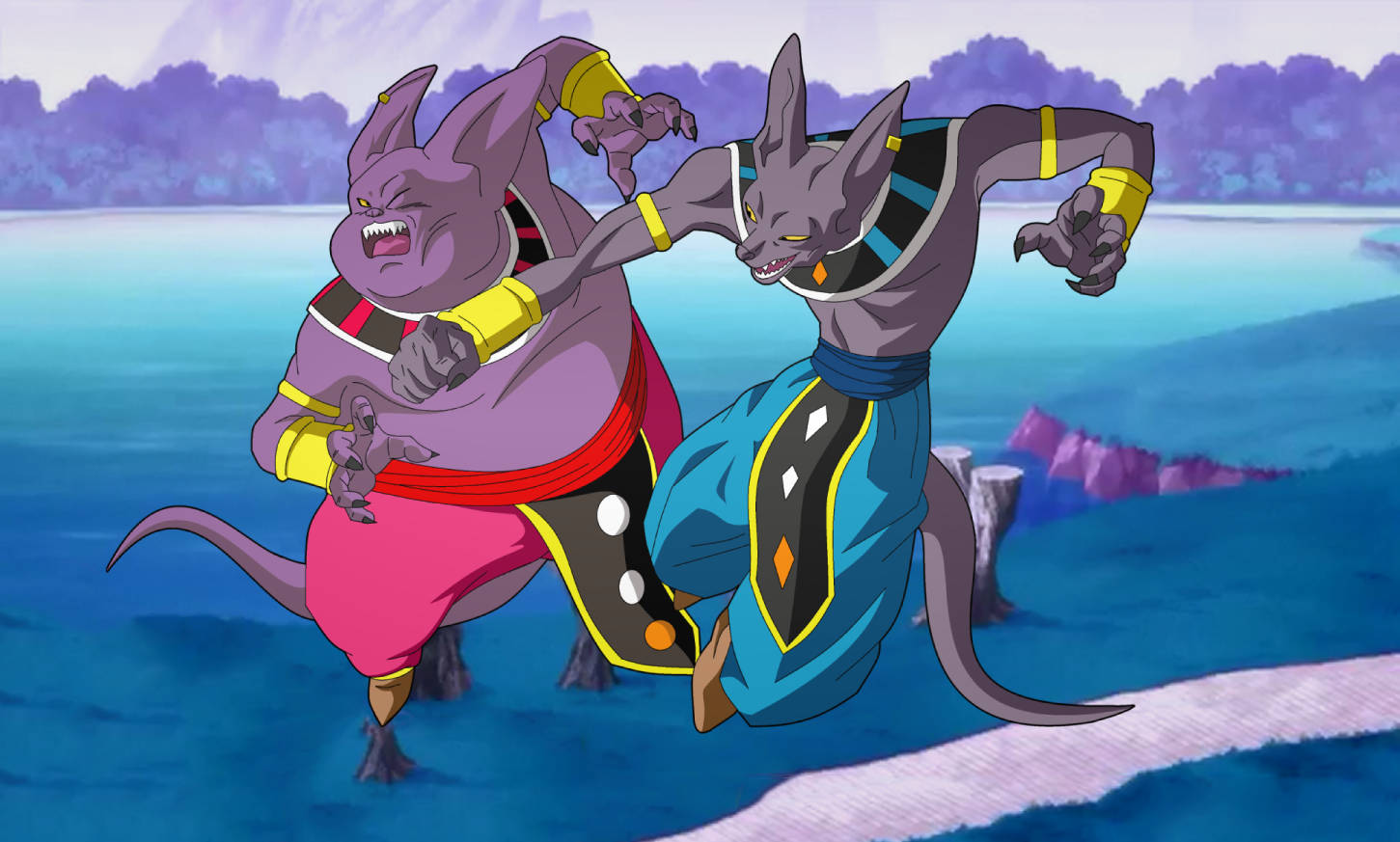 Beerus 桌布 壁紙 — 兩隻兇猛的擬人化貓科動物在超現實的紫色和藍色海岸線上進行動態的動漫戰鬥。