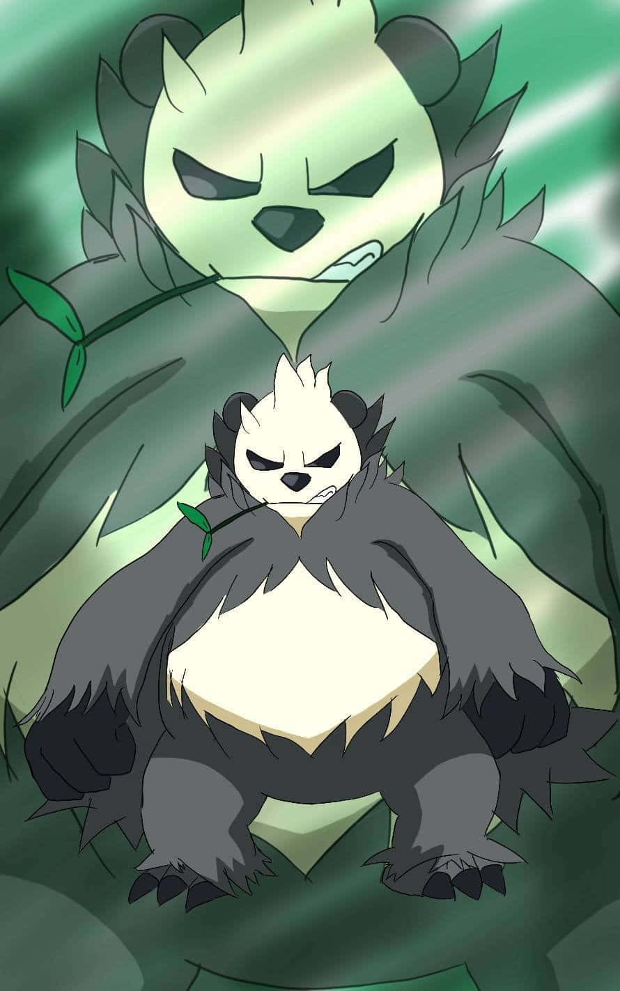 angry panda 桌布 壁紙 — 兩隻兇猛的熊貓狀生物，有著發光的綠色眼睛和樹葉裝飾，站在黑暗的森林中，表情兇狠。