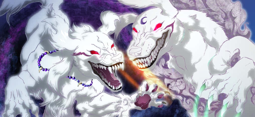 Inuyasha Yokai 桌布 壁紙 — 兩隻兇猛的白毛動漫狼，眼睛發出紅光，在旋轉的紫色和藍色背景上激烈戰鬥。