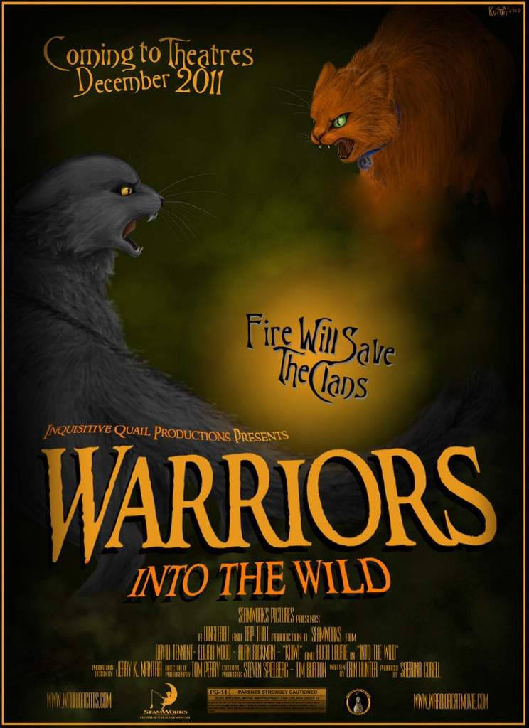 Warrior Cats 桌布 壁紙 — 兩隻兇猛的貓在深綠色背景下互相瞪視，眼睛發光，並帶有粗體電影標題文字。