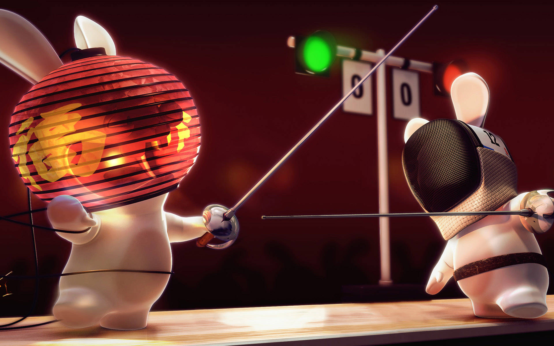 Fencing 桌布 壁紙 — 兩隻兔子劍客在昏暗的競技場中，在一個帶有中文字元的發光紅燈籠下決鬥。