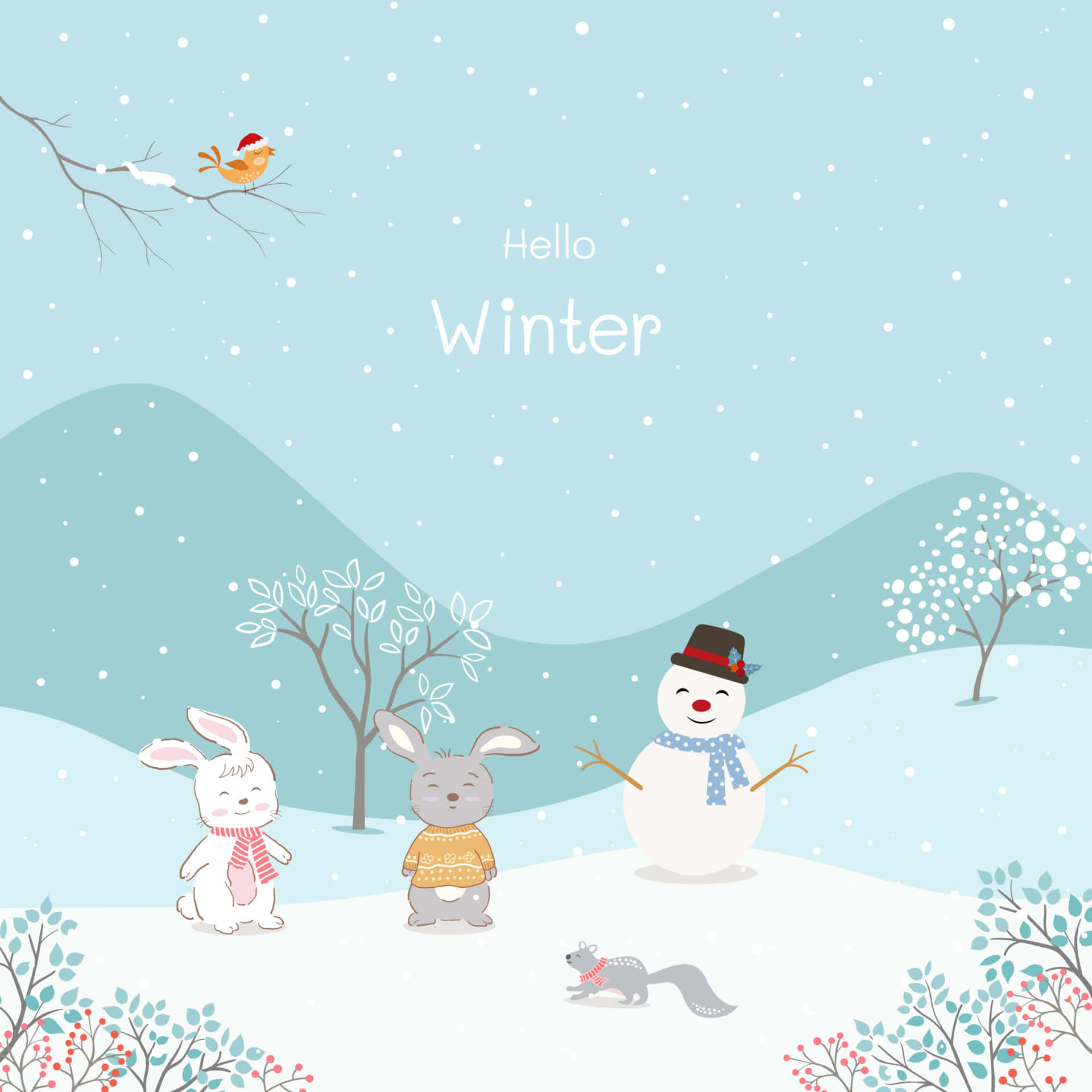 Cute Winter 桌布 壁紙 — 兩隻兔子和一個雪人迎接冬天，雪花輕輕飄落在白雪覆蓋的山丘和漿果灌木叢上。