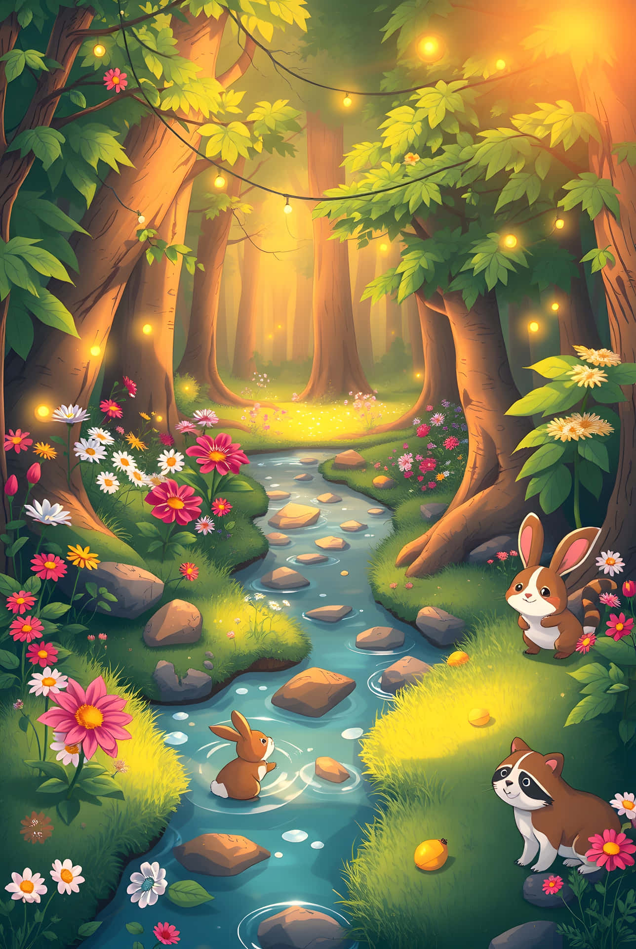 Rabbits by the Midnight Stream 壁紙 — 兩隻兔子和一隻浣熊探索一條陽光明媚的森林溪流，溪邊掛滿發光的燈串和色彩繽紛的野花。