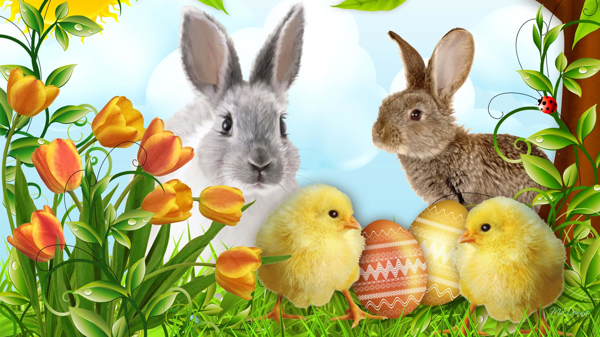Cute Happy Easter 桌布 壁紙 — 兩隻兔子和兩隻小雞站在有圖案的復活蛋旁邊，周圍是鮮豔的橙色鬱金香和帶露水的綠草。