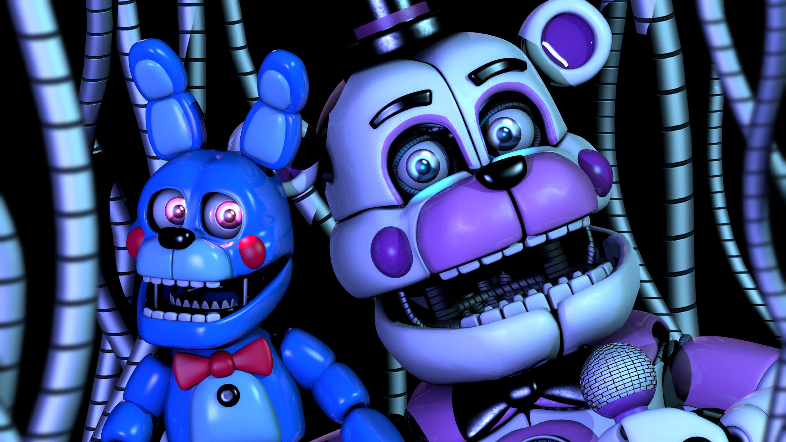 Fnaf Daycare 桌布 壁紙 — 兩隻具有威脅性的電子動畫熊，眼睛發光，牙齒鋒利，從黑暗工業環境的金屬管道後面凝視著。