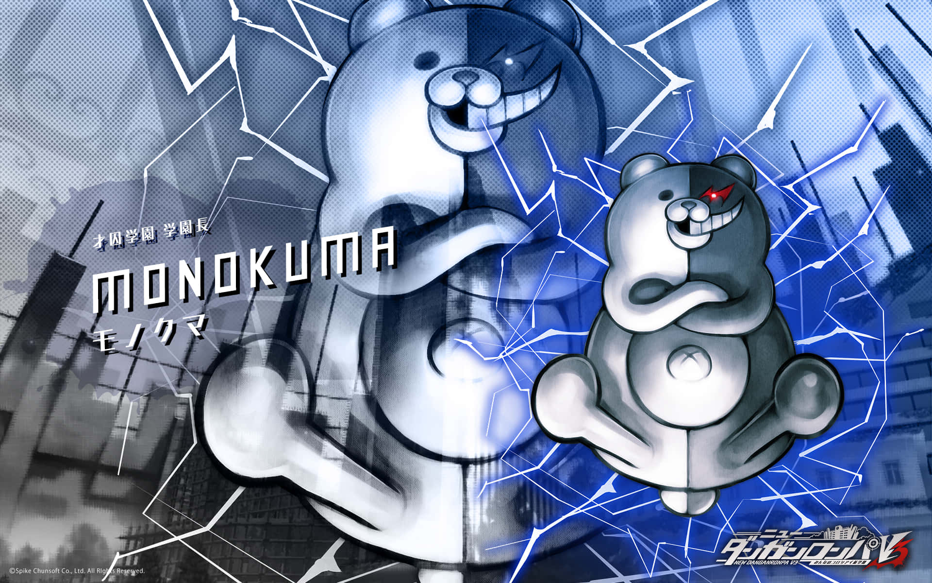 monokuma 桌布 壁紙 — 兩隻分裂面孔的Monokuma熊帶著邪惡的笑容，在破碎的藍色城市景觀背景下碰撞。
