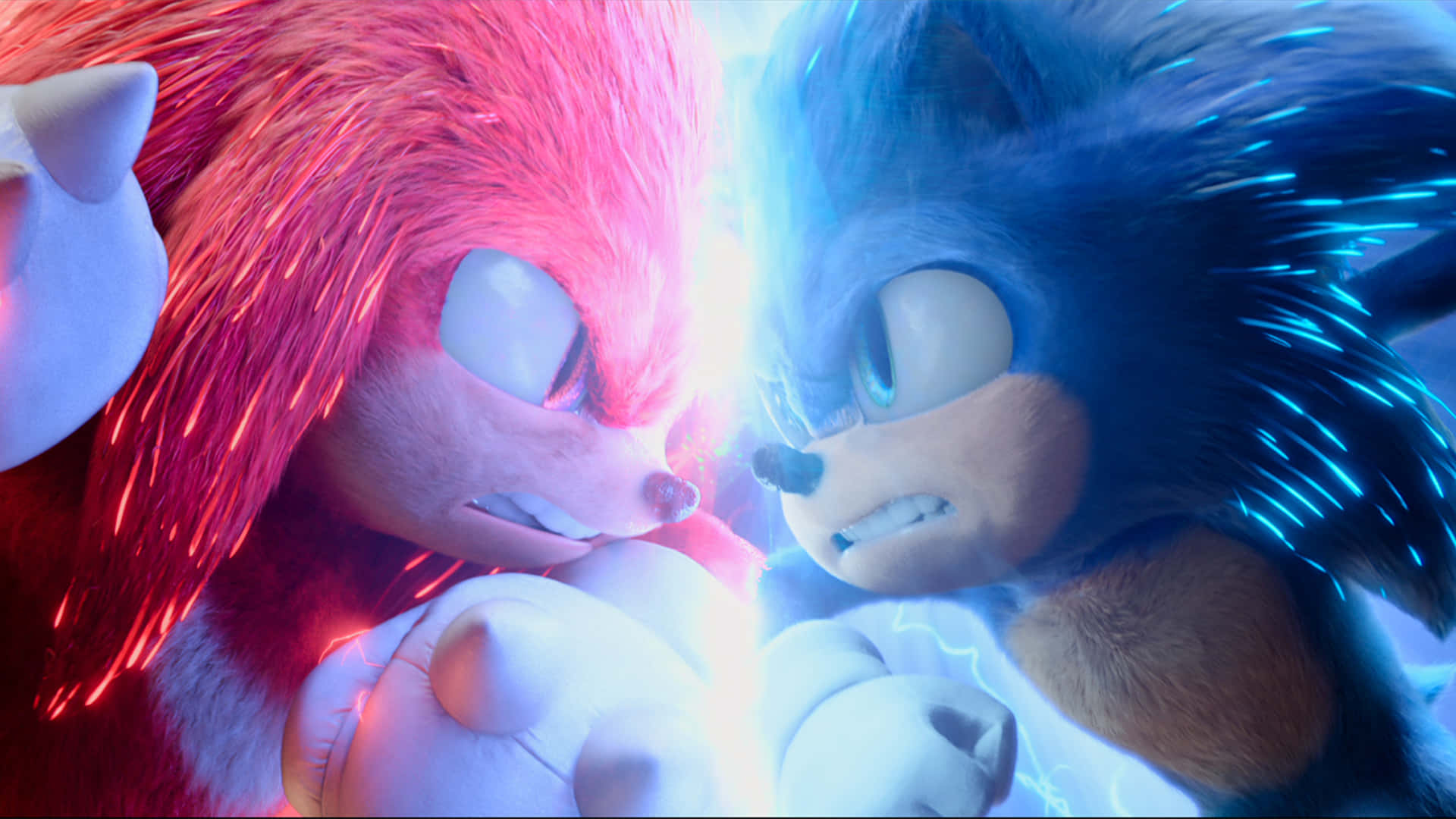 Sonic Characters 桌布 壁紙 — 兩隻刺蝟，一紅一藍，在發光的能量碰撞中對峙，表情激烈。