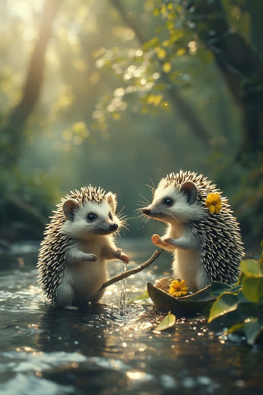 Sparkling Stream Adventures Baby Hedgehogs at Play 壁紙 — 兩隻刺蝟在陽光明媚的森林溪流中嬉戲互動；一隻拿著滴水的樹枝，另一隻坐在有黃色花朵的葉子船上。