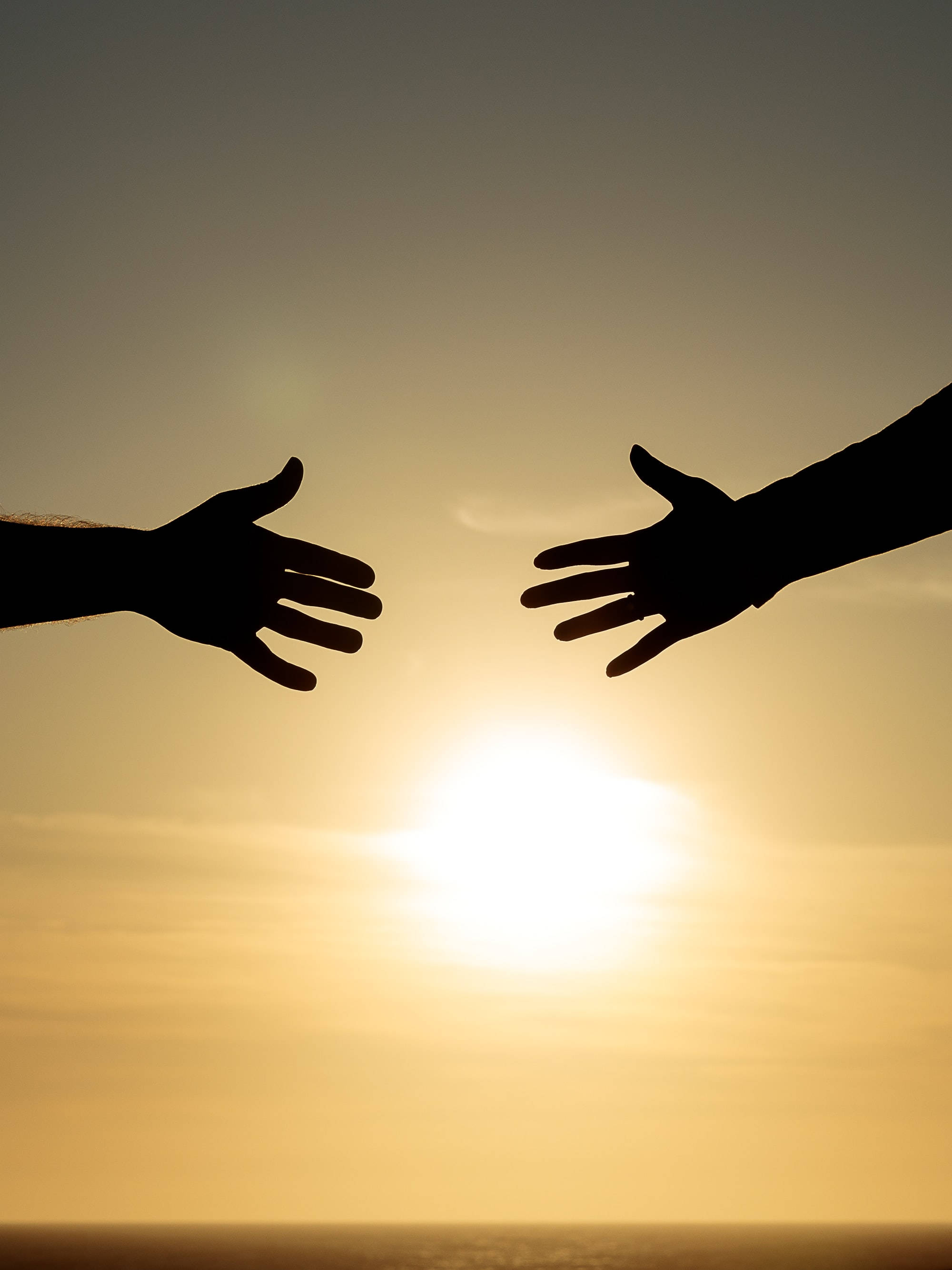 Friendship 桌布 壁紙 — 兩隻剪影的手在水面上方夕陽餘暉中互相伸向對方。