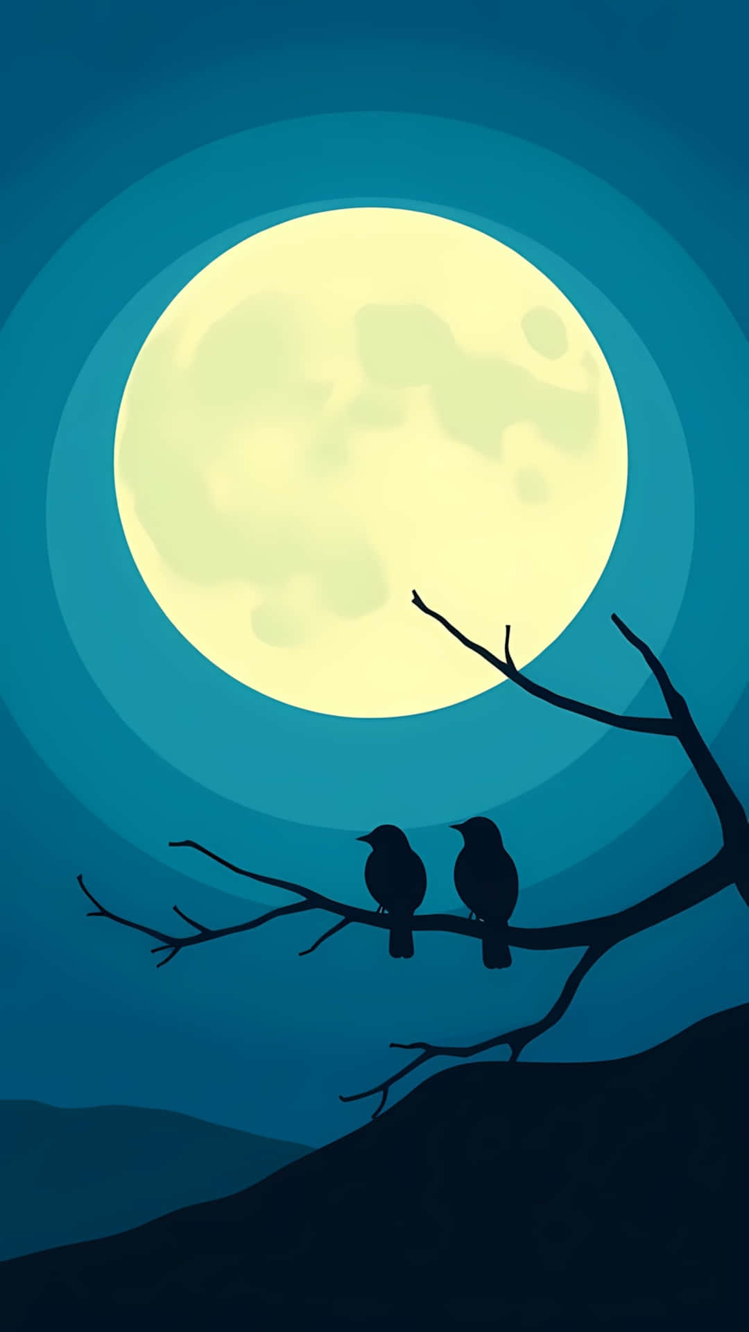 Silhouette of Two Birds Under Full Moon 壁紙 — 兩隻剪影鳥棲息在光禿禿的樹枝上，背景是深藍色夜空中閃耀的滿月。