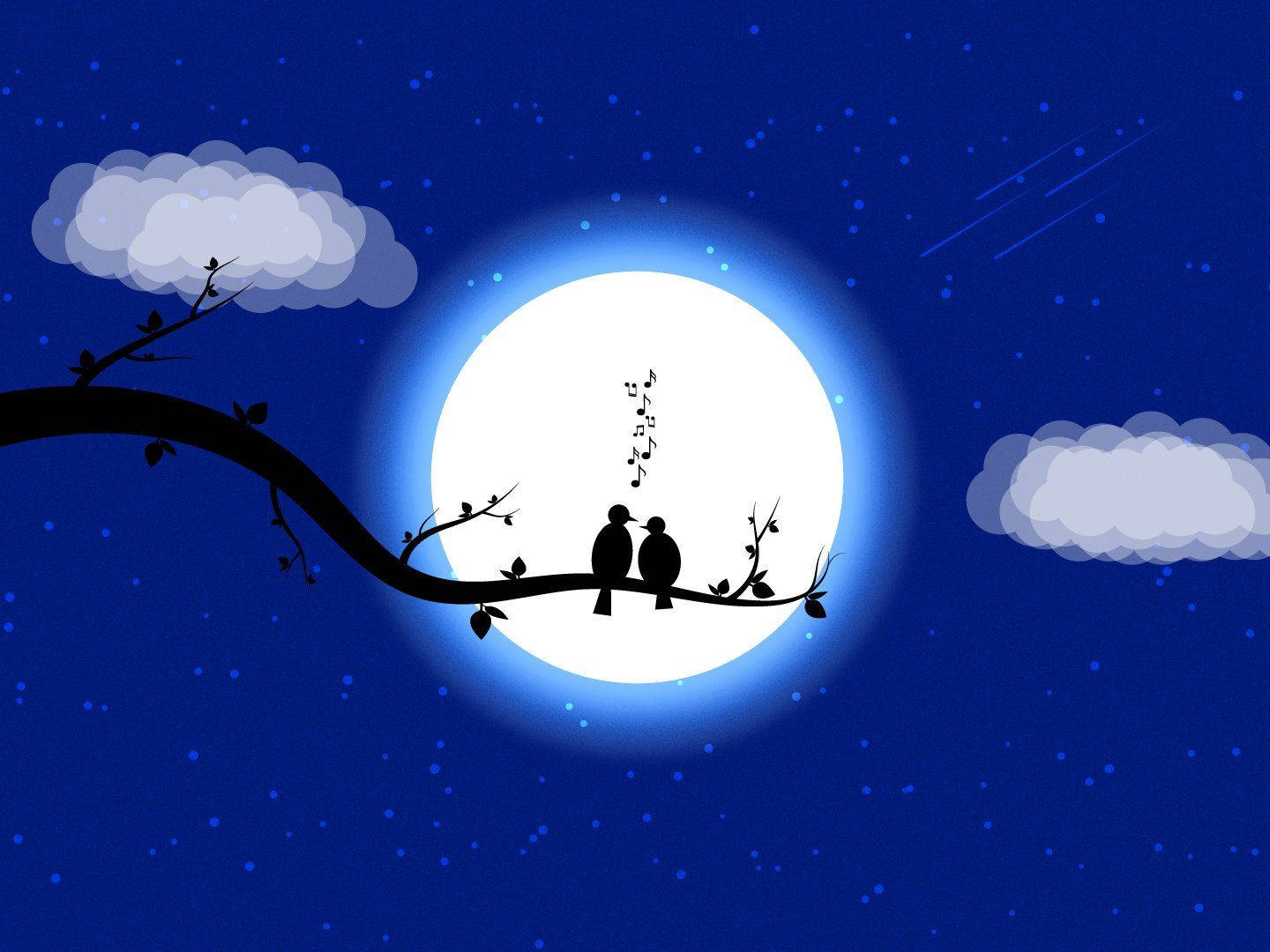 月光 桌布 壁紙 — 兩隻剪影鳥棲息在樹枝上，背景是發光的滿月，星空夜空中有飄動的雲朵。