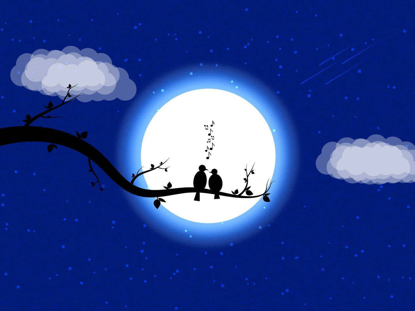 Moon Night 桌布 壁紙 — 兩隻剪影鳥棲息在樹枝上，背景是發光的滿月，在星空、雲朵和流星點綴的夜空下。