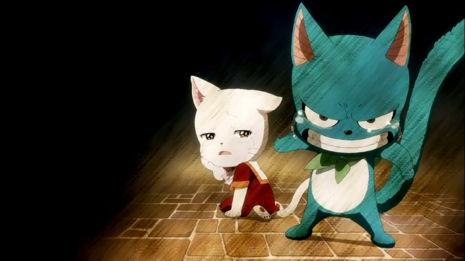 Fairy Tail Happy 桌布 壁紙 — 兩隻動漫貓，一隻白色悲傷和一隻青綠色憤怒，站在石地板上，聚光燈下，背景黑暗。