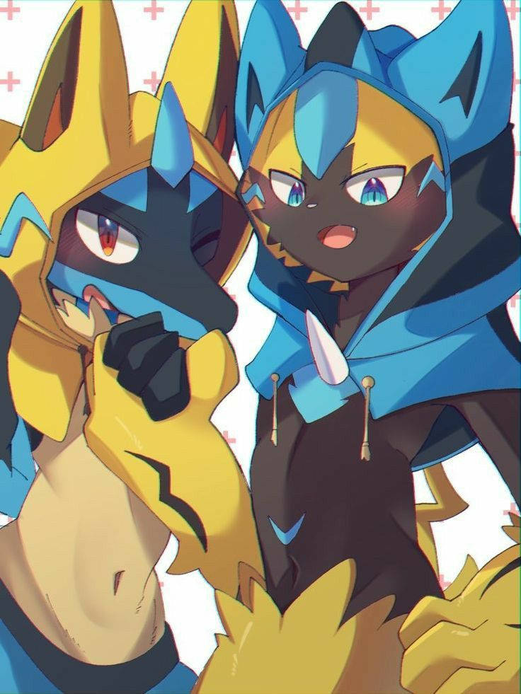 路卡利歐 桌布 壁紙 — 兩隻動漫風格擬人化狐狸，毛色黃藍相間，在帶有紅色十字的白色背景前緊密擺姿勢。