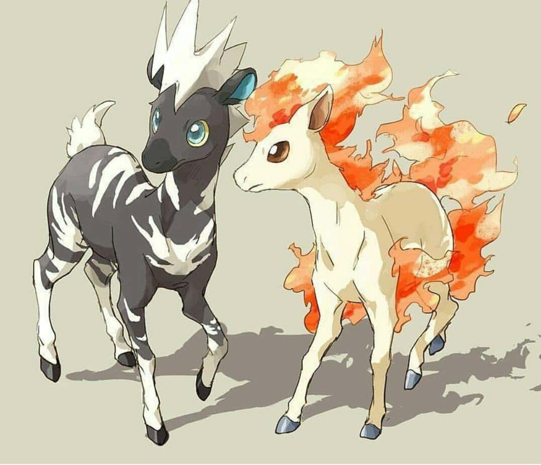 電玩遊戲 桌布 壁紙 — 兩隻動漫風格的寶可夢，一隻有黑白斑馬條紋和藍眼睛，另一隻有奶油色毛皮和火橙色鬃毛，並排站立。