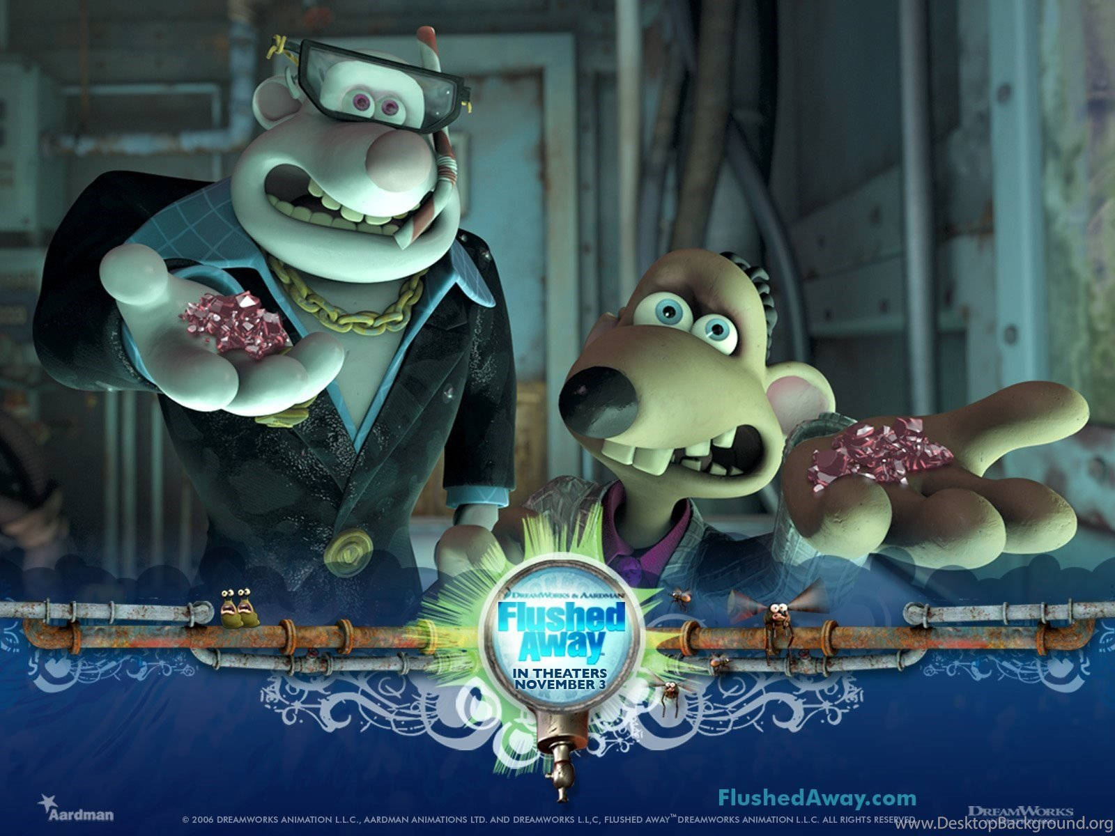 Flushed Away 桌布 壁紙 — 兩隻動畫囓齒動物在污水管中，在昏暗的工業照明下，帶著喜悅的表情手持閃閃發光的寶石。