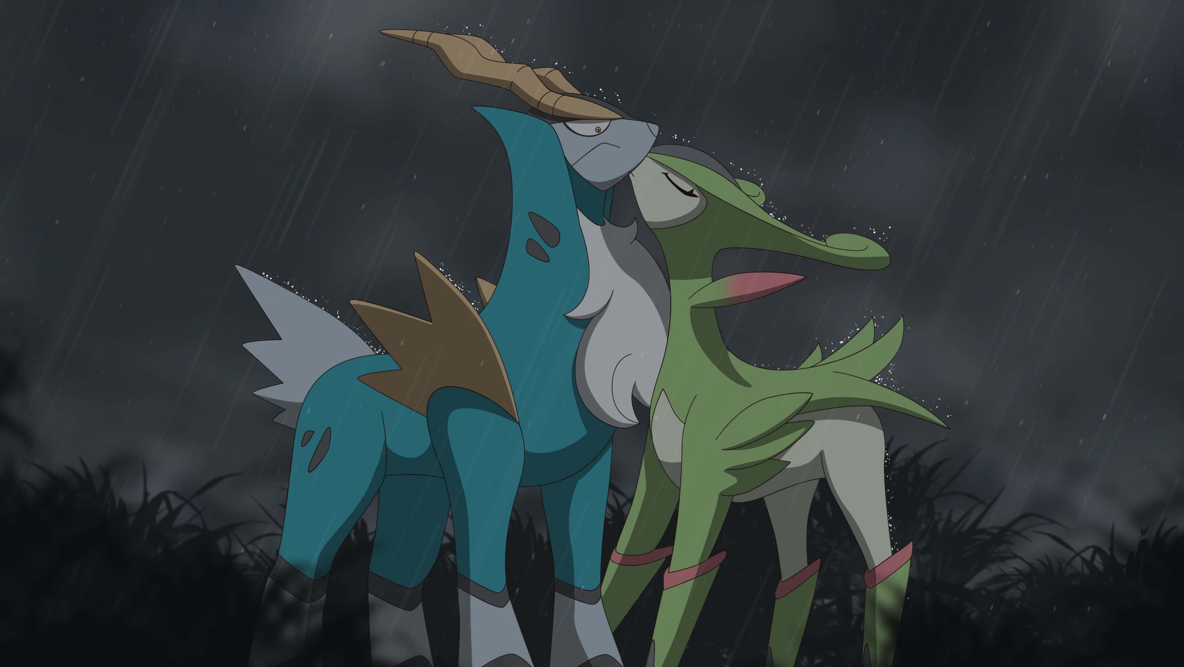 Pokémon 手機 桌布 壁紙 — 兩隻動畫寶可夢在暴風雨的夜晚雨中緊靠，伴隨著烏雲和發光的眼睛。
