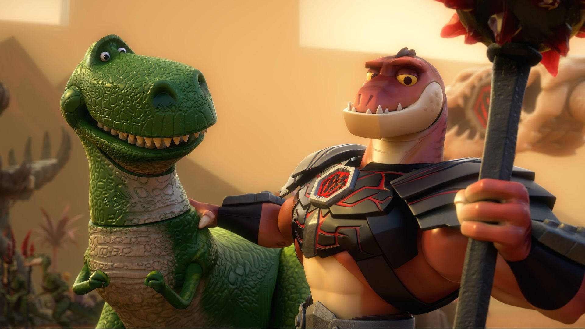 rex 桌布 壁紙 — 兩隻動畫恐龍，一隻綠色和一隻裝甲，在溫暖的燈光場景中面對面站立。