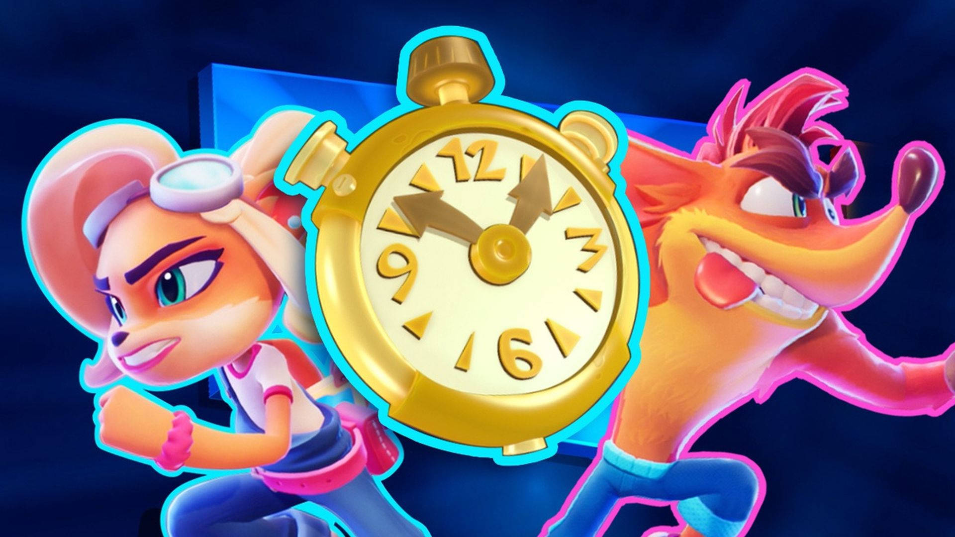 Bandicoot 桌布 壁紙 — 兩隻動畫浣熊角色在發光藍色背景前衝過一個巨大的金色碼錶。