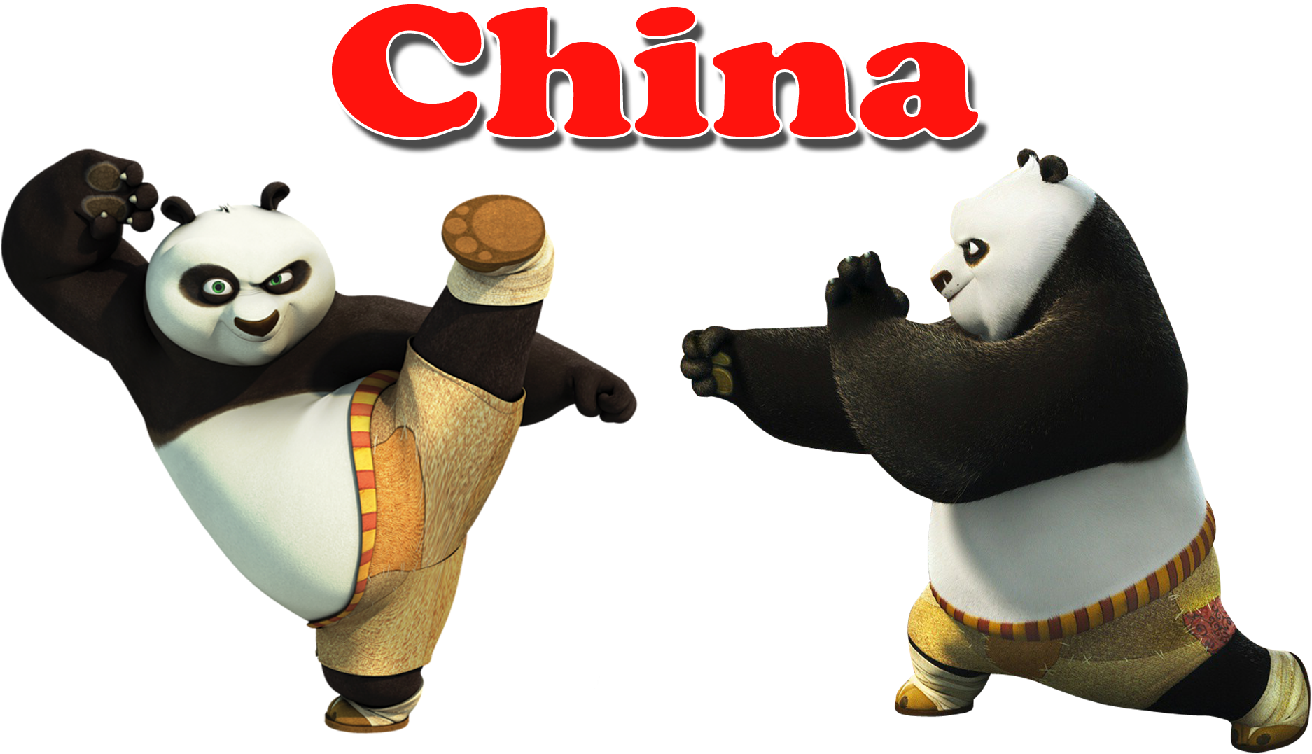 中國 桌布 壁紙 — 兩隻動畫熊貓以武術姿勢站在黑色背景上，上方有紅色「China」文字。