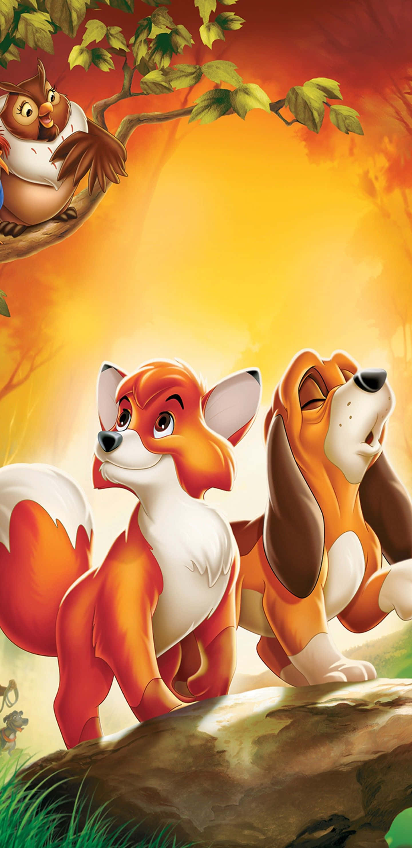 the fox and the hound 桌布 壁紙 — 兩隻動畫狐狸和一隻貓頭鷹棲息在岩石上，背景是溫暖的金色日落天空。