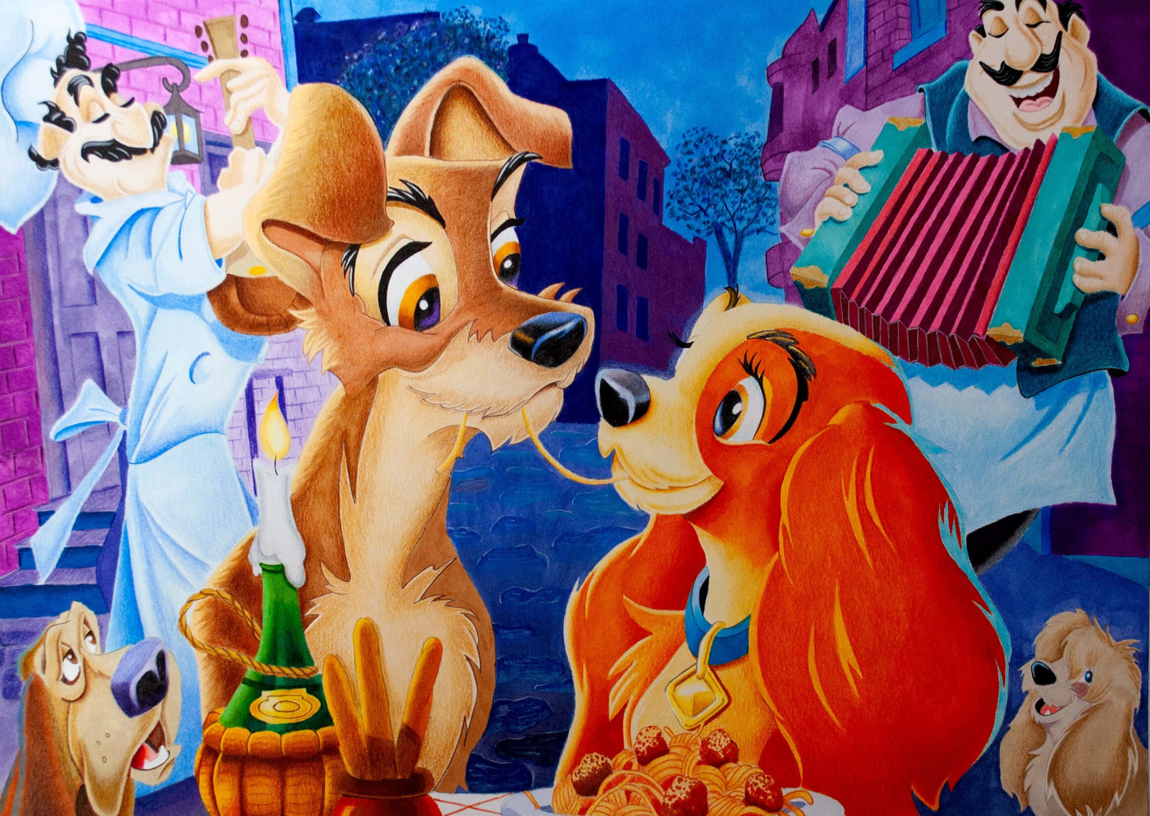 lady and the tramp 桌布 壁紙 — 兩隻動畫狗在充滿活力的義大利街景中共享浪漫燭光晚餐，有音樂家演奏手風琴和小號。