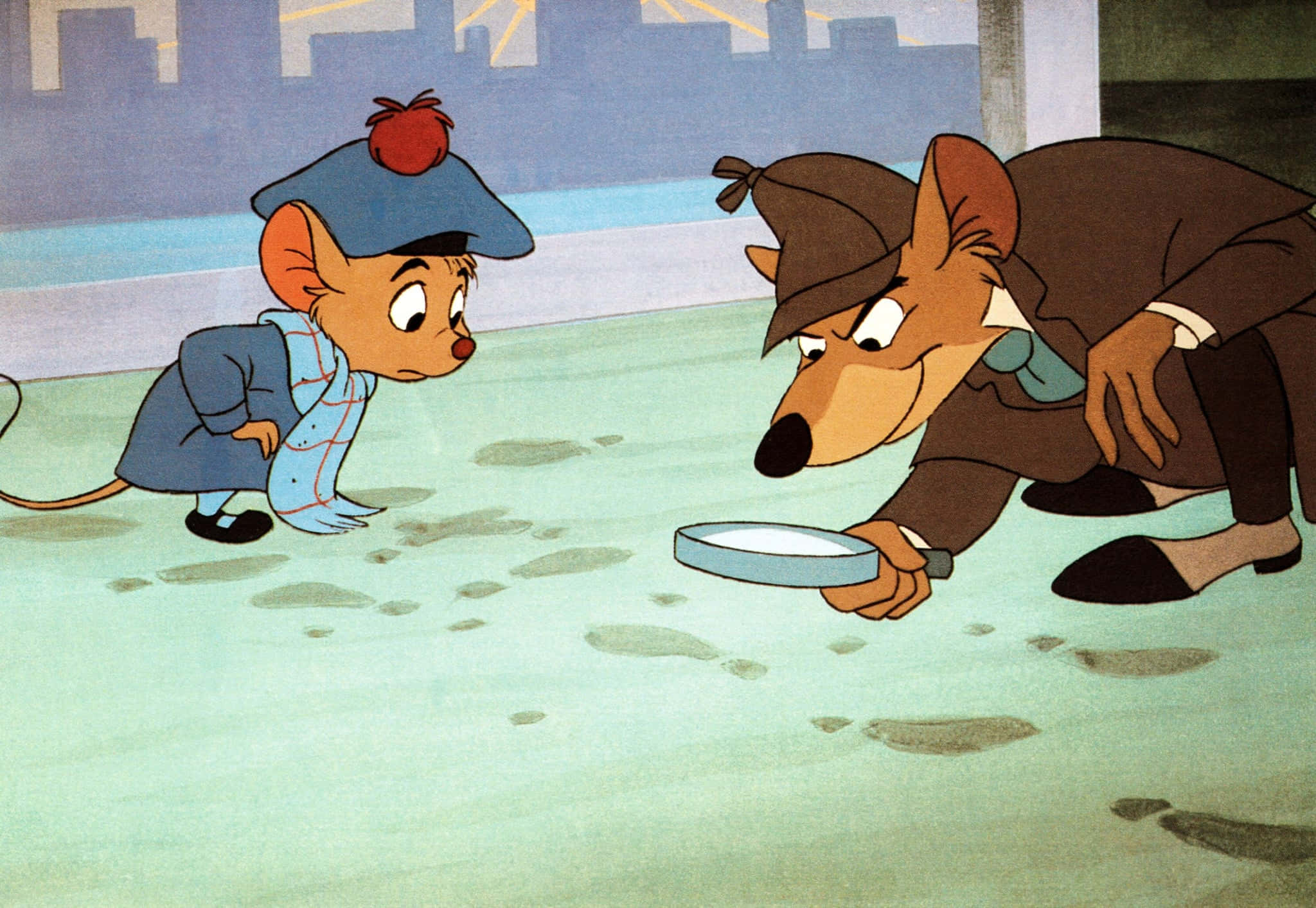 The Great Mouse Detective 桌布 壁紙 — 兩隻動畫老鼠穿著偵探服裝，用放大鏡檢查瓷磚地板上的泥濘腳印。