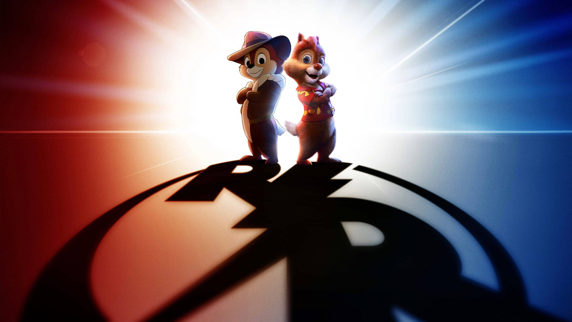Cartoon Characters 桌布 壁紙 — 兩隻動畫花栗鼠自信地站在一個風格化的標誌上，背後有戲劇性的紅色和藍色光線爆發。