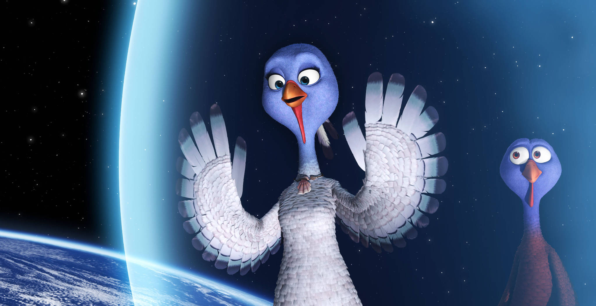 Chicken 桌布 壁紙 — 兩隻動畫藍鳥在地球和星空背景下愉快地揮手。