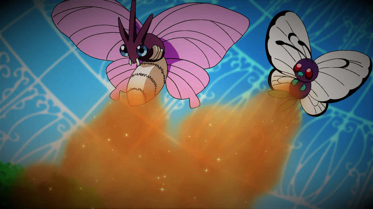 flying butterfly 桌布 壁紙 — 兩隻動畫風格的蝴蝶寶可夢在藍天中翱翔，身後留下發光的橙色軌跡。