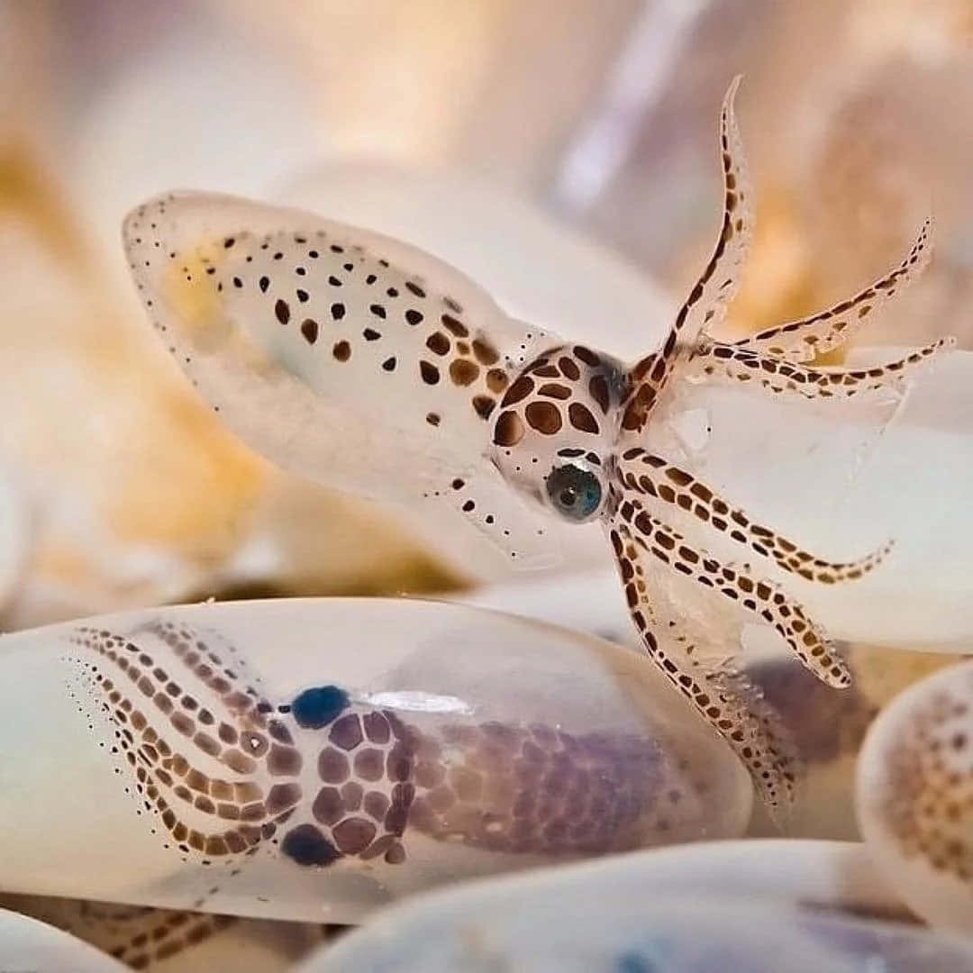squid 桌布 壁紙 — 兩隻半透明帶斑點圖案的魷魚在柔和光線的水生環境中優雅地游動。