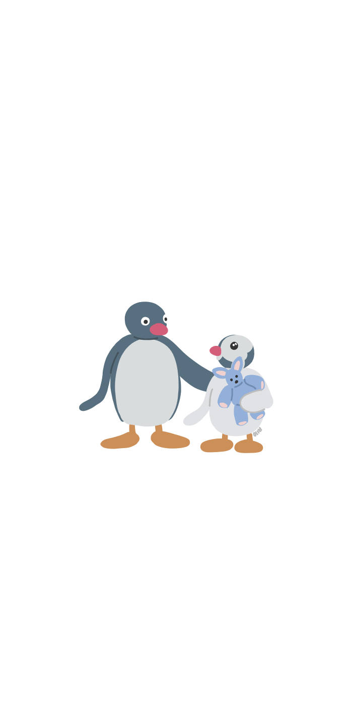 Pingu 桌布 壁紙 — 兩隻卡通企鵝站在一起，其中一隻拿著藍色毛絨兔子，背景是純白色。