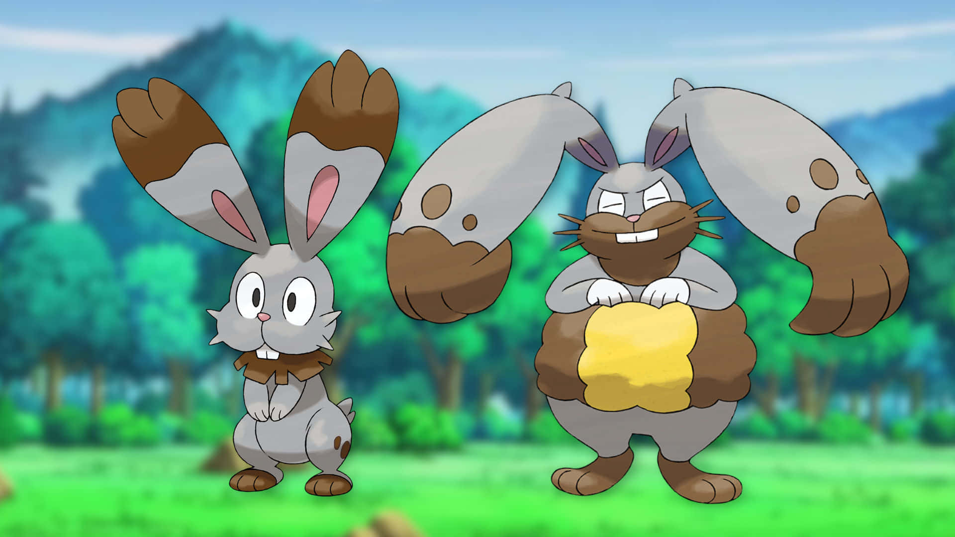 Pokemon Landscape 桌布 壁紙 — 兩隻卡通兔，一隻小一隻大，有超大的耳朵，站在有樹和山作為背景的草地上。