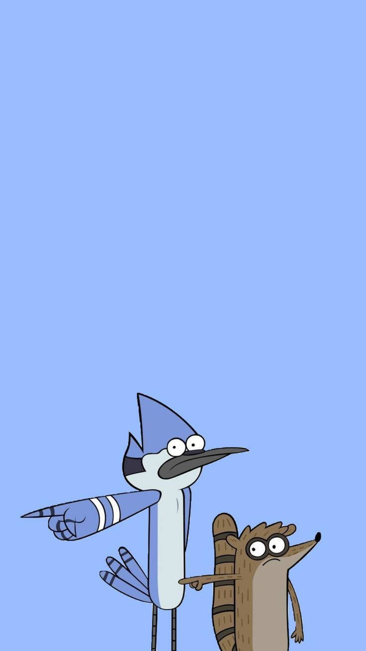 mordecai and rigby 桌布 壁紙 — 兩隻卡通動物，一隻藍松鴉和一隻浣熊，站在純淺藍色背景上，指向上方。