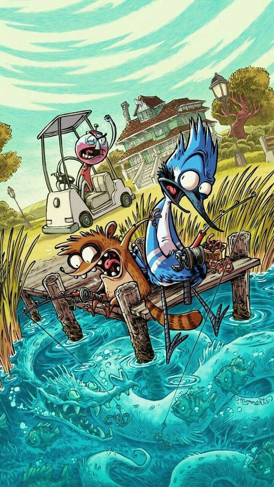 mordecai and rigby 桌布 壁紙 — 兩隻卡通動物從碼頭釣魚，一輛高爾夫球車駛過，第三個角色狂笑。