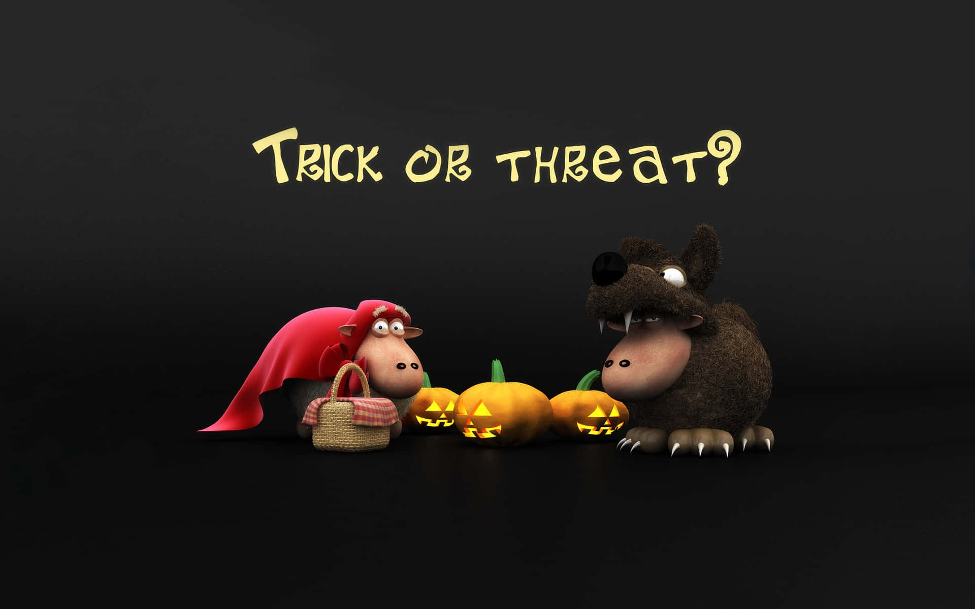 Trick Or Treat 桌布 壁紙 — 兩隻卡通動物穿著萬聖節服裝，站在發光的南瓜旁邊，背景為深色，並帶有文字'Trick or Threat?'。