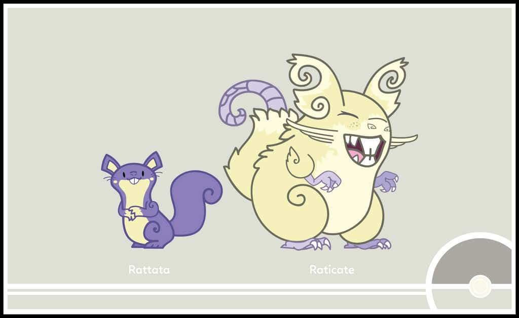 Rattata 桌布 壁紙 — 兩隻卡通囓齒動物寶可夢 Rattata 和 Raticate 並排站在純色背景前，角落有一個精靈球。