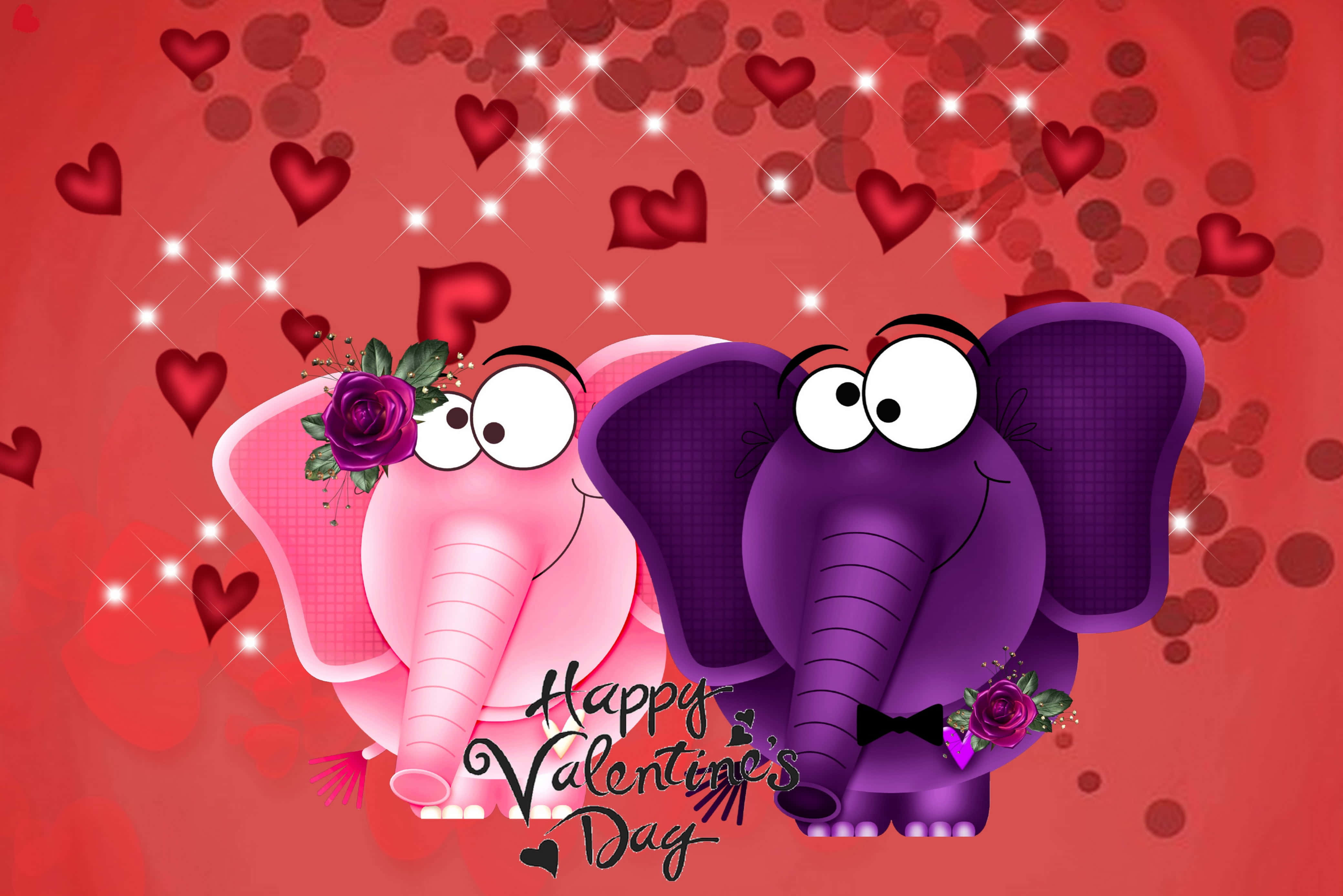 Kawaii Elephant 桌布 壁紙 — 兩隻卡通大象，一粉一紫，飾有玫瑰和心形圖案，在閃爍的紅色背景前慶祝情人節。