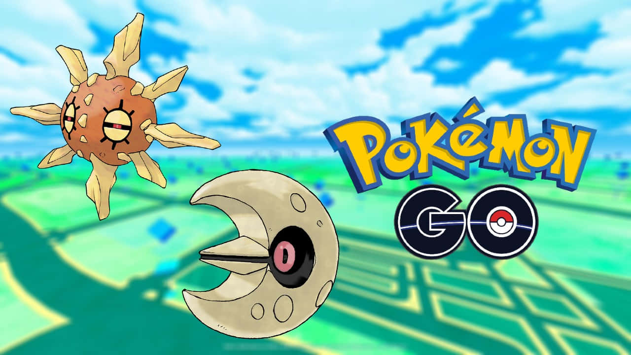 Lunatone 桌布 壁紙 — 兩隻卡通寶可夢在明亮的藍天下漂浮，Pokémon GO 標誌顯眼地展示。
