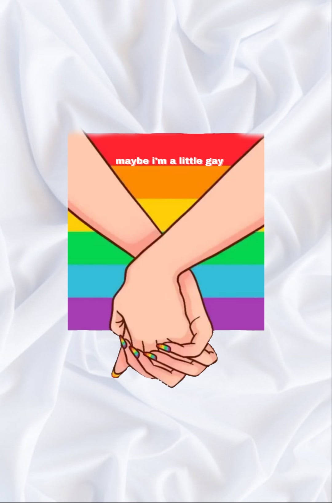 愛心 桌布 壁紙 — 兩隻卡通手在彩虹旗上緊握，白色布料上有文字 maybe i'm a little gay。