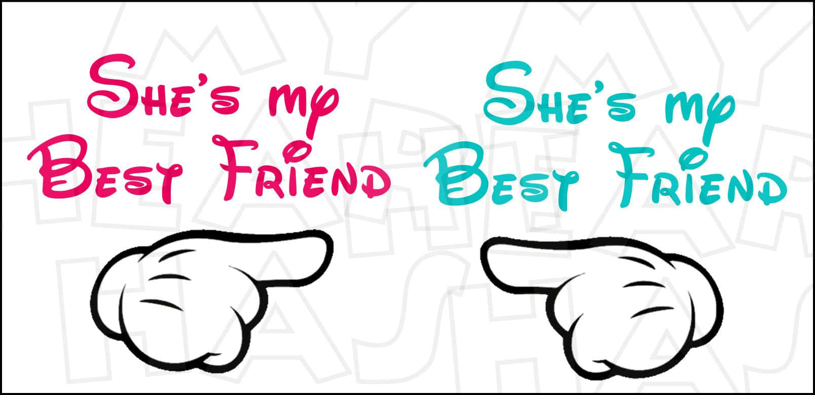 Bestie 桌布 壁紙 — 兩隻卡通手指向文字，在白色背景上以粉紅色和藍綠色宣告「她是我最好的朋友」，並帶有微弱水印。