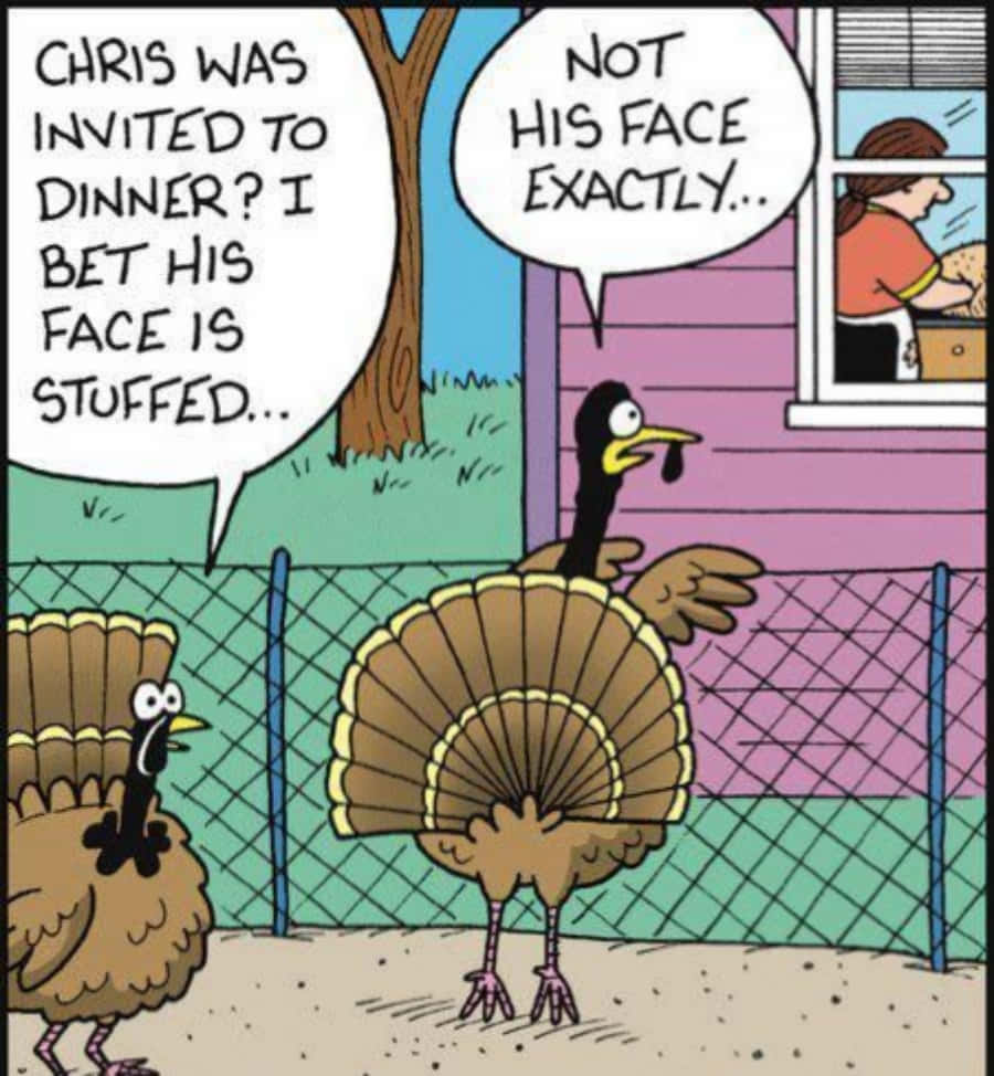 Thanksgiving Funny 桌布 壁紙 — 兩隻卡通火雞在籬笆外聊天，其中一隻開玩笑說一個名叫Chris的人被邀請去吃晚餐。