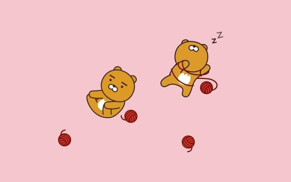 Kakao 桌布 壁紙 — 兩隻卡通熊在柔軟的粉紅色背景上玩紅色毛線球，一隻睡著了纏在毛線裡，另一隻看起來很惱火。